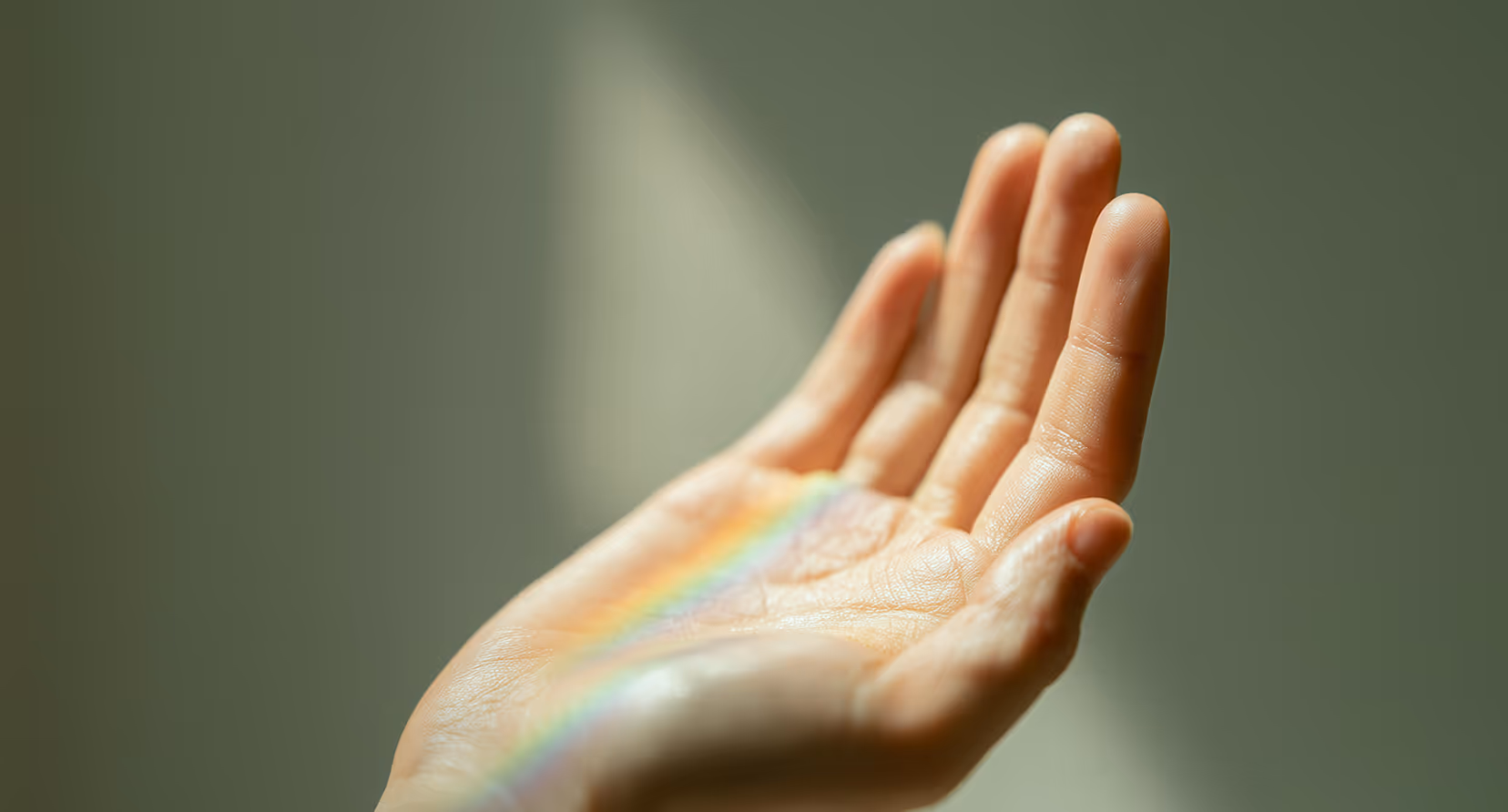 Open palm of a hand with a faint rainbow light reflecting on the palm against a muted green background.