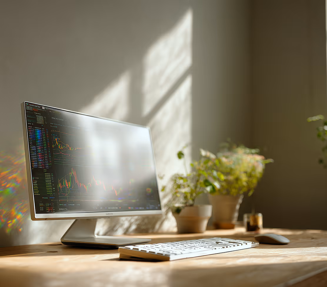Modern computer monitor and keyboard on a wooden desk with sunlight casting shadows on the wall and green potted plants in the background.